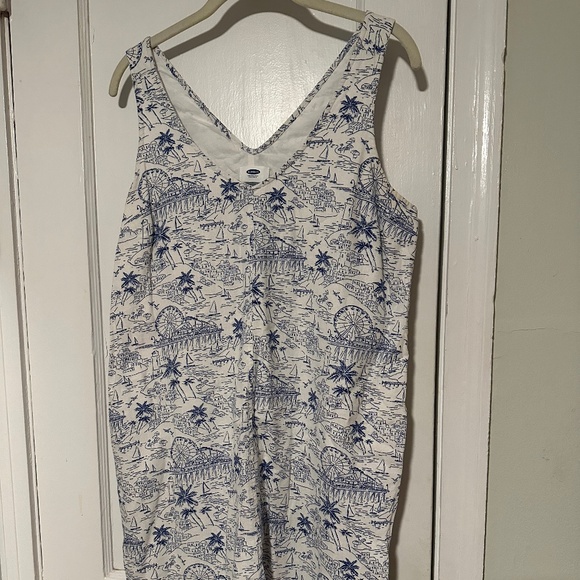 Fun vacation-print white and blue linen Old Navy dress WITH POCKETS, size M - Picture 1 of 7